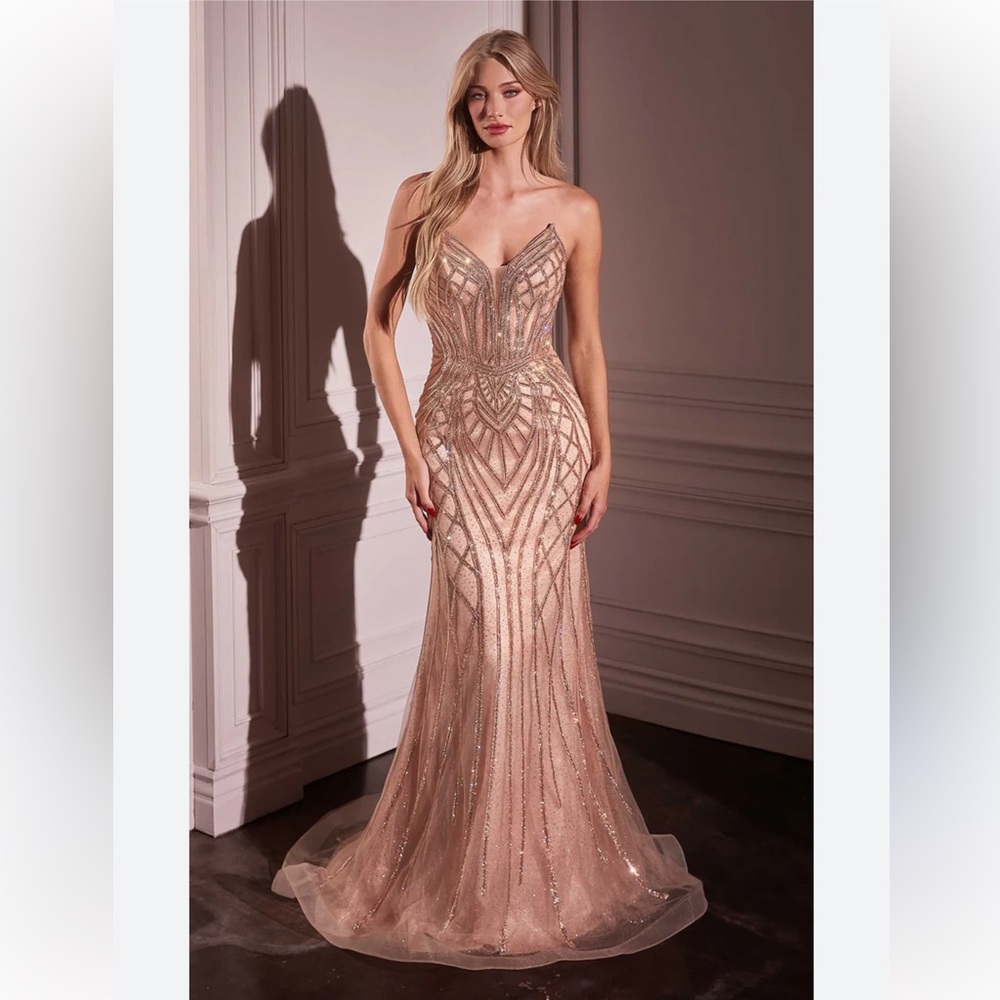 La Divine Prom Dress CC6018 Glitter Tulle Evening Gown‎ Rose Gold Size 8 NWT